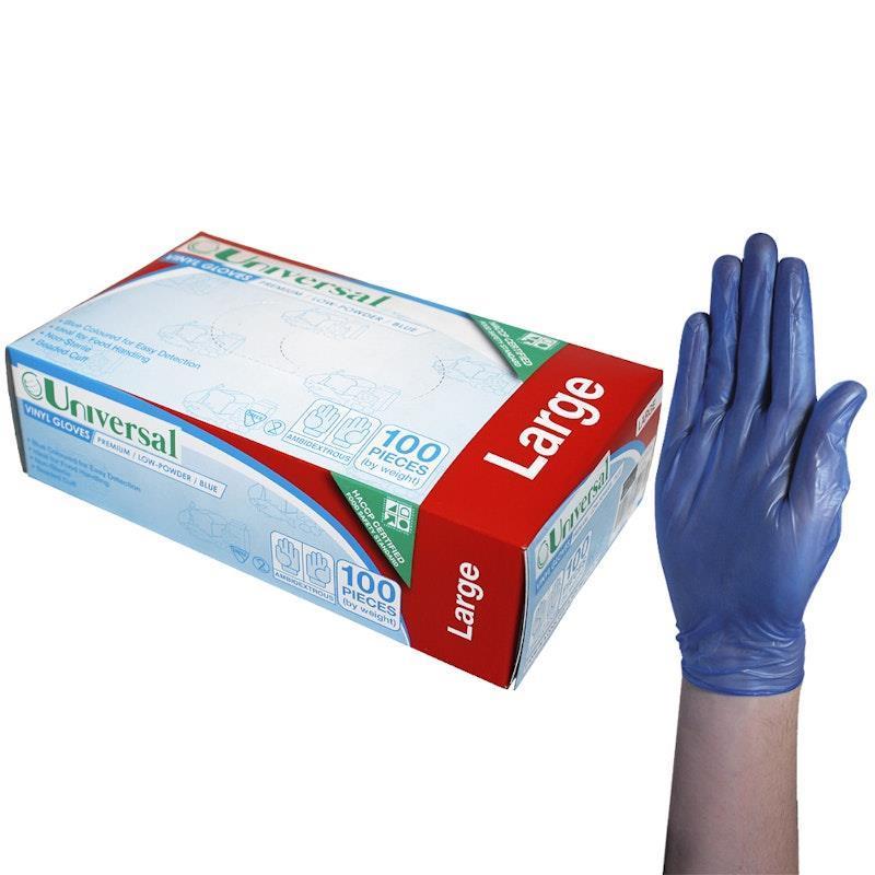 Load image into Gallery viewer, Universal Vinyl Gloves Low Powder Blue Large 100 Pieces/Box
