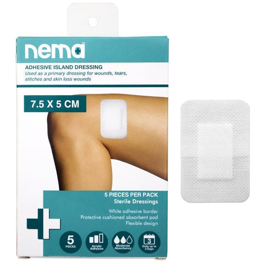 Nema Adhesive Island Dressing Non-Adherent Pad Sterile 7.5 x 5cm 5 Pieces/Box