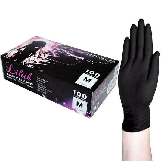Lilith Salon Latex Gloves Powder Free Black Medium 100 Pieces/Box