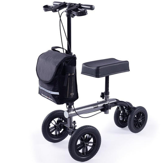 Equipmed Knee Scooter Walker 10 Inch Tyres With Dual Breakes & Bag Titanium Colour