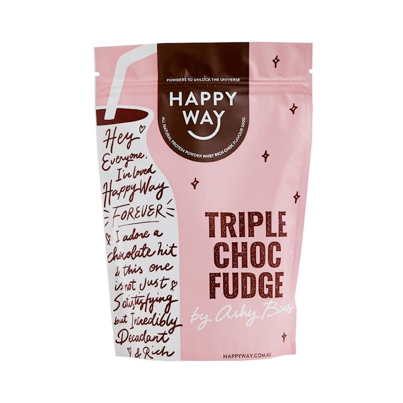 Load image into Gallery viewer, Happy Way Ashy Bines Triple Choc Fudge Whey Protein Powder 500g
