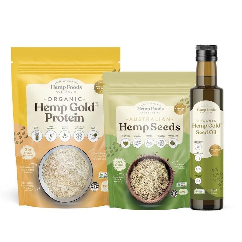Load image into Gallery viewer, Hemp Foods Australia Hemp Intro Bundle - Australian Grown Hulled Hemp Seeds 200g + Organic Hemp Gold® Protein Powder 450g + Organic Hemp Gold® Seed Oil 250ml Pack
