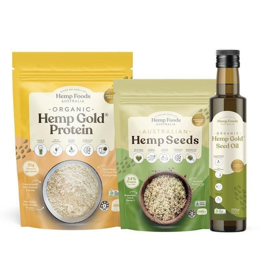 Hemp Foods Australia Hemp Intro Bundle - Australian Grown Hulled Hemp Seeds 200g + Organic Hemp Gold® Protein Powder 450g + Organic Hemp Gold® Seed Oil 250ml Pack