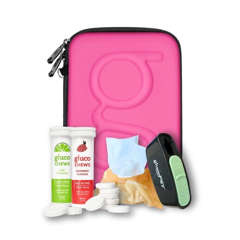 Load image into Gallery viewer, Glucology Pink Classic Case + 2 Tubes of Fast Acting Glucochews + 1 Sharps Bins + 1 x 20 Pack Alcohol Free Wipes Bundle
