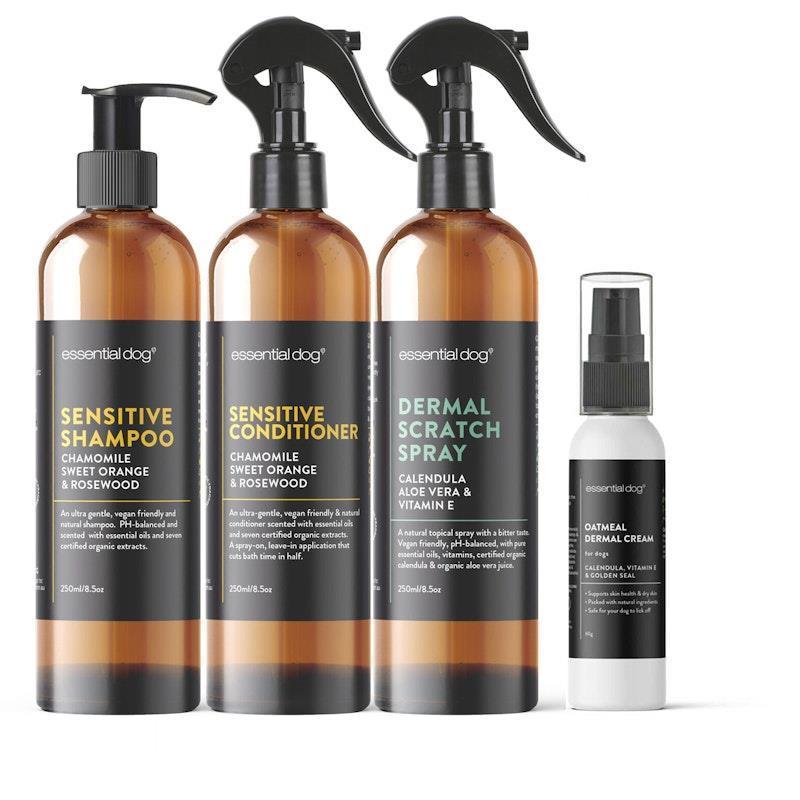 Load image into Gallery viewer, Essential Dog Sensitive 4Pack  Dog Shampoo, Conditioner, Dermal Scratch Spray &amp; Cream 3x250ml, 1x60g
