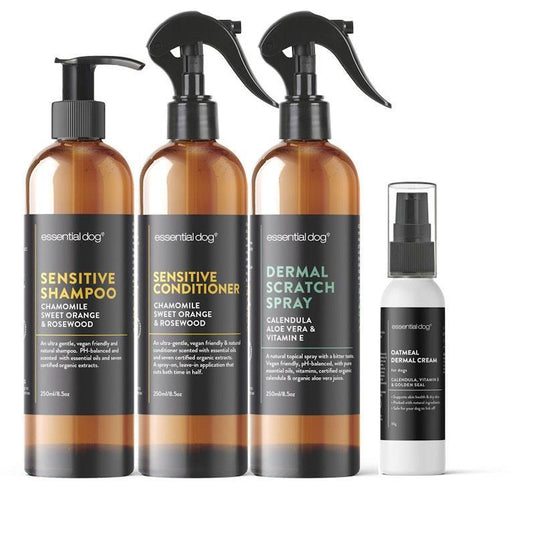 Essential Dog Sensitive 4Pack  Dog Shampoo, Conditioner, Dermal Scratch Spray & Cream 3x250ml, 1x60g