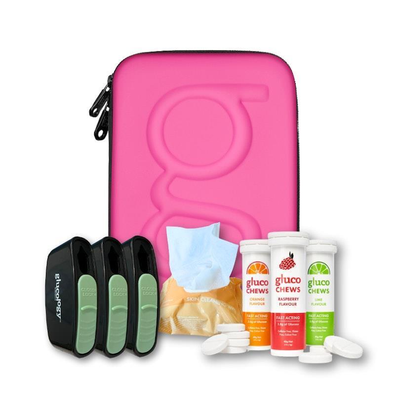 Load image into Gallery viewer, Glucology Pink Plus Case + 3 Tubes of Fast Acting Glucochews + 3 Sharps Bins + 1 x 20 Pack Alcohol Free Wipes Bundle
