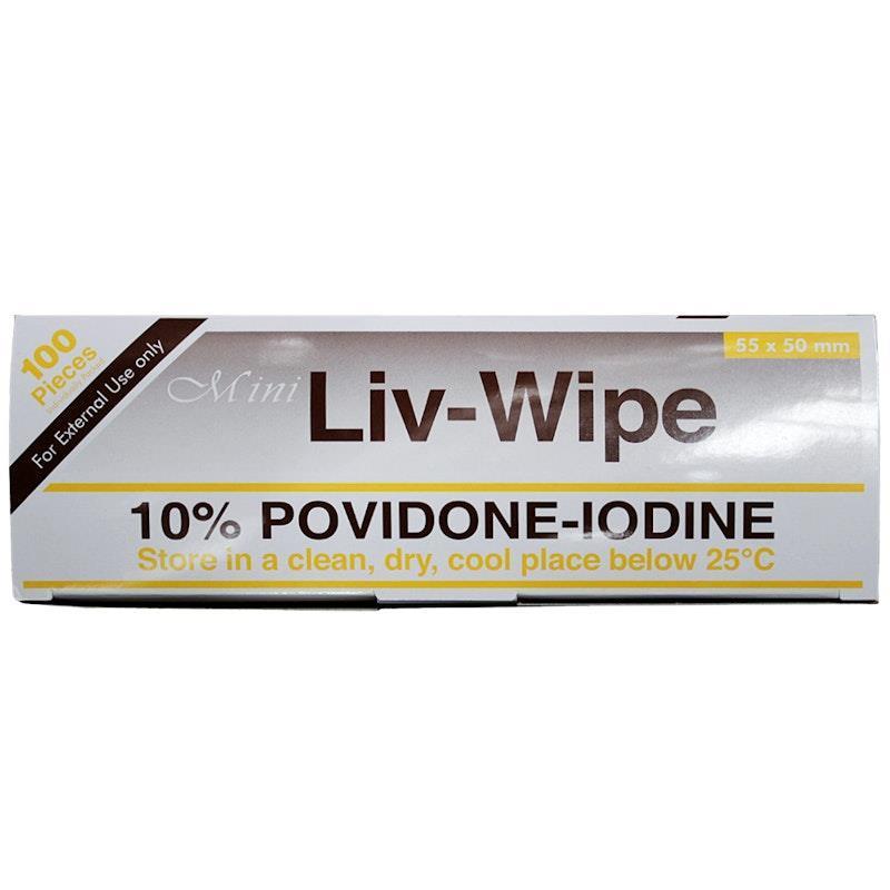 Load image into Gallery viewer, Liv-Wipe Mini 10% Povidone Iodine Wipes 55 x 50mm 100 Pieces/Box
