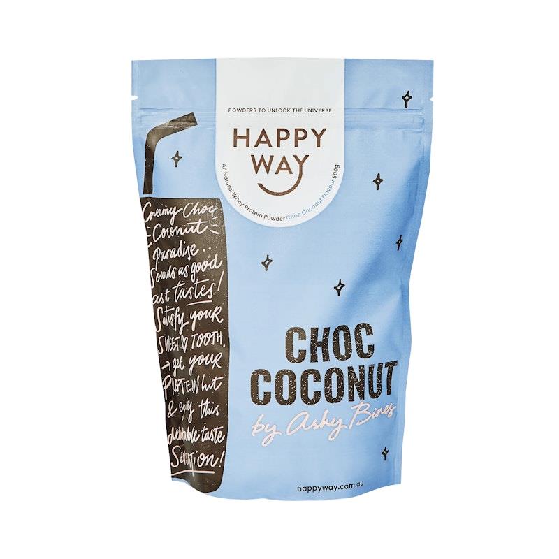 Load image into Gallery viewer, Happy Way Ashy Bines Choc Coconut Whey Protein Powder 500g

