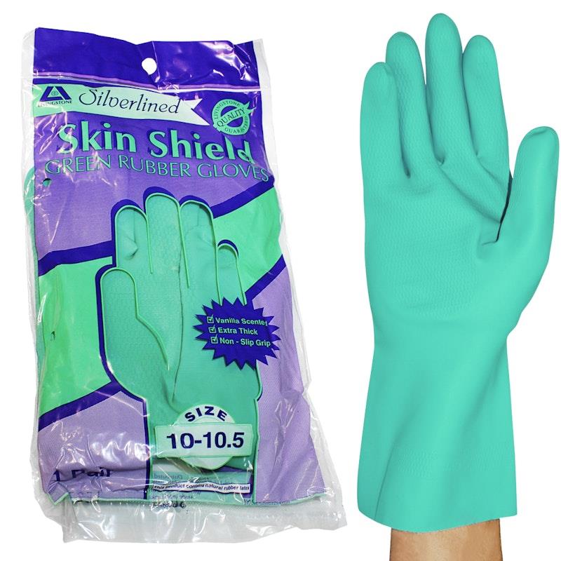 Load image into Gallery viewer, Skin Shield Silver Lined Natural Rubber Gloves Vanilla Scented Pair Green Size 10-10.5
