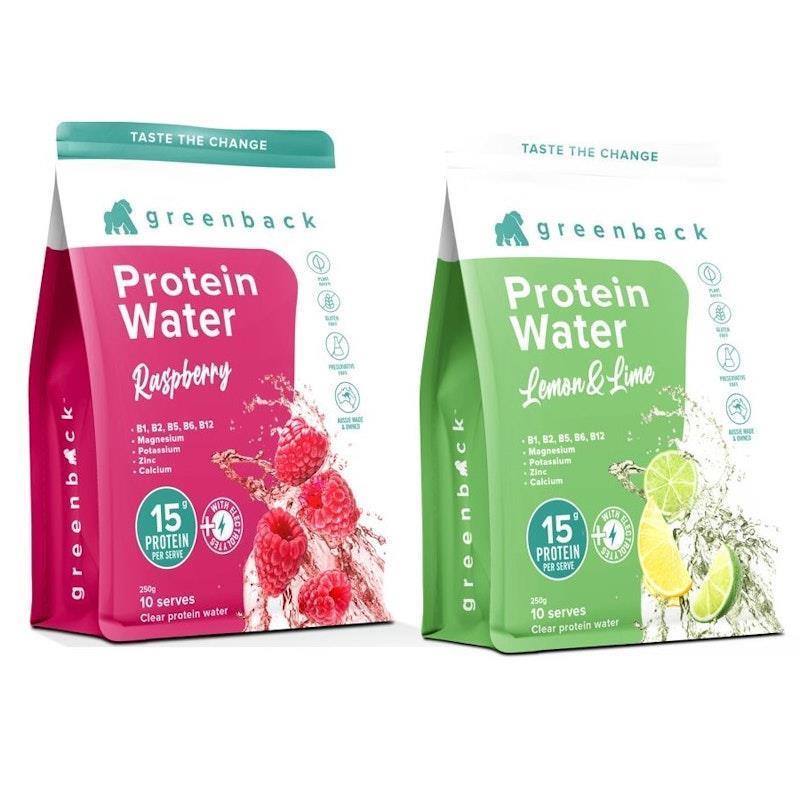 Load image into Gallery viewer, Greenback Protein Water Raspberry and Lemon &amp; Lime 250g 2Pack
