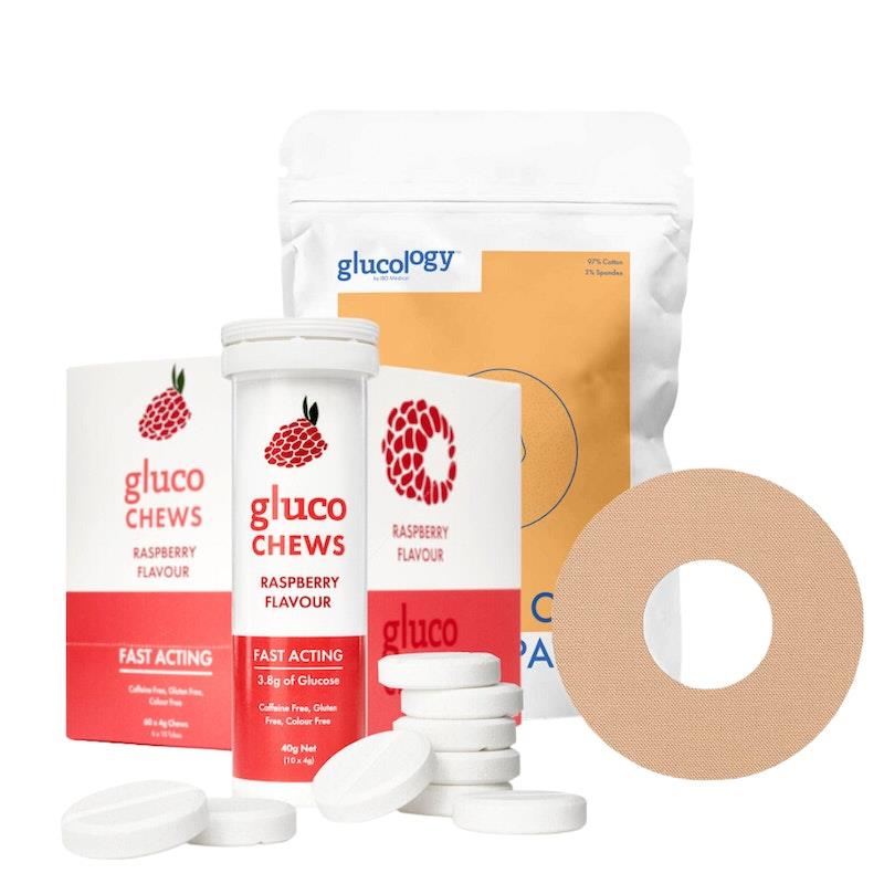 Load image into Gallery viewer, Glucology 25 Pack CGM Patches + 12 Tubes of Glucochews 25 Pack CGM Patches for Freestyle Libre (Beige) + 12 Tubes of Glucochews (Raspberry)
