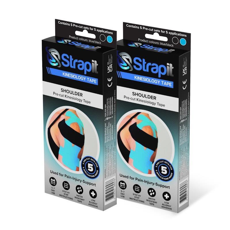 Load image into Gallery viewer, Strapit Shoulder Precut Kinesiology Tape - BLACK/BLUE - Box of 5 2 Pack
