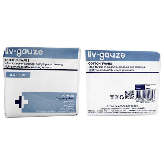 Livingstone Gauze Swabs 8 Ply Cotton Non-Sterile 8x10cm 100 Pieces/Box
