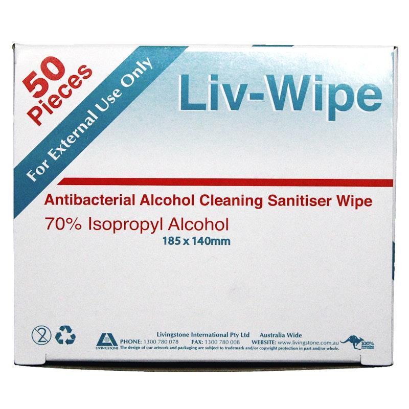 Load image into Gallery viewer, Liv-Wipe Antibacterial 70% Alcohol Cleaning Wipe 18.5 x 14cm 50 Pieces/Box
