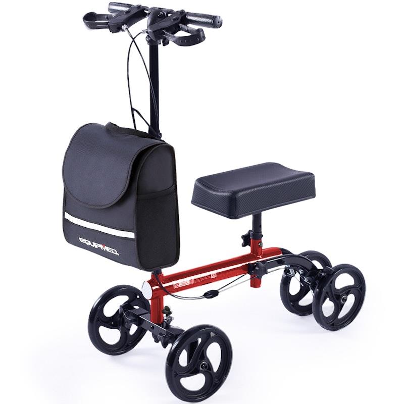 Load image into Gallery viewer, Equipmed Knee Scooter Walker With Dual Brakes &amp; Bag Red
