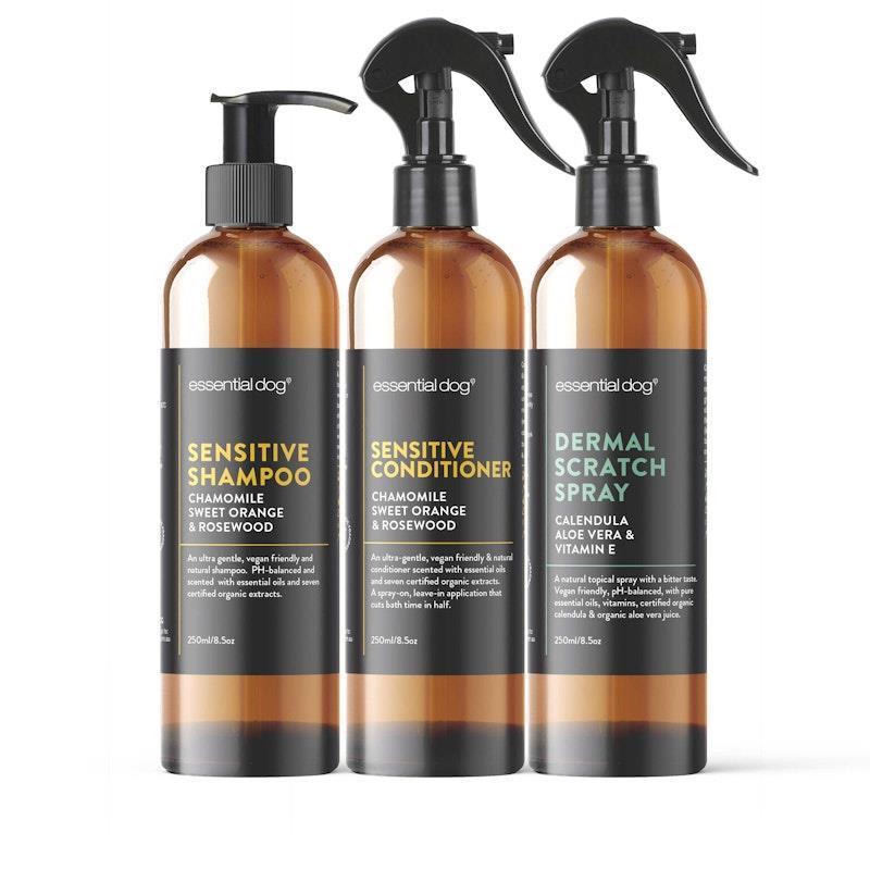 Load image into Gallery viewer, Essential Dog Dermal Scratch Spray for Dogs: Aloe Vera, Calendula &amp; Vitamin E with Sensitive Shampoo and Conditioner (3Pack)
