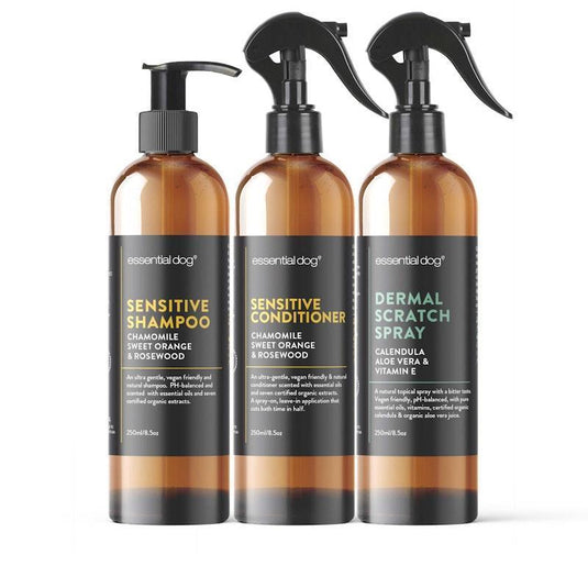 Essential Dog Dermal Scratch Spray for Dogs: Aloe Vera, Calendula & Vitamin E with Sensitive Shampoo and Conditioner (3Pack)