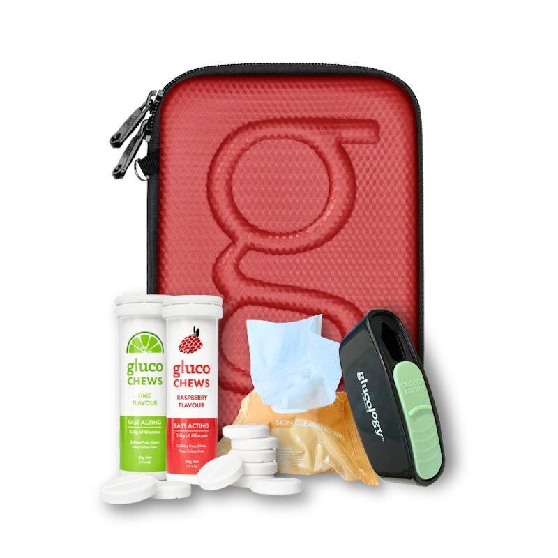 Load image into Gallery viewer, Glucology Red Classic Case + 2 Tubes of Fast Acting Glucochews + 1 Sharps Bins + 1 x 20 Pack Alcohol Free Wipes Bundle
