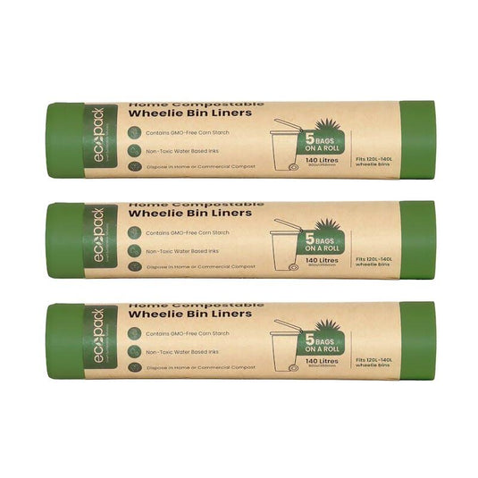Ecopack 140L Compostable Wheelie Bin Bags Bundle 3 Rolls/15 Bags