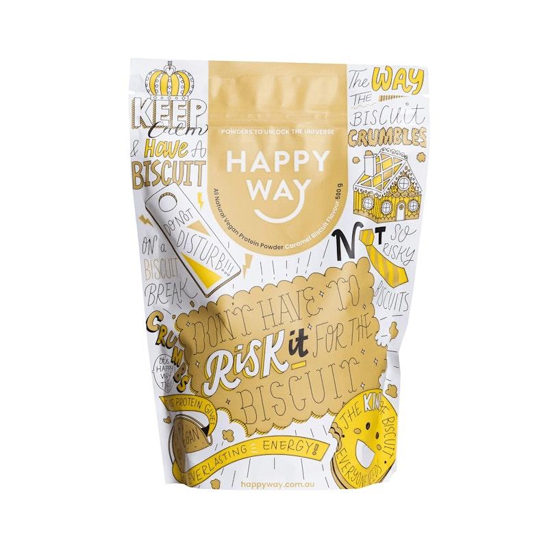 Load image into Gallery viewer, Happy Way Caramel Biscuit Vegan Protein Powder 500g
