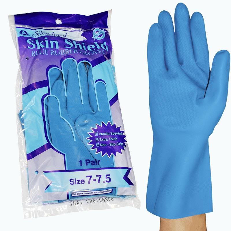 Load image into Gallery viewer, Skin Shield Silver Lined Natural Rubber Gloves Vanilla Scented Pair Blue Size 7-7.5
