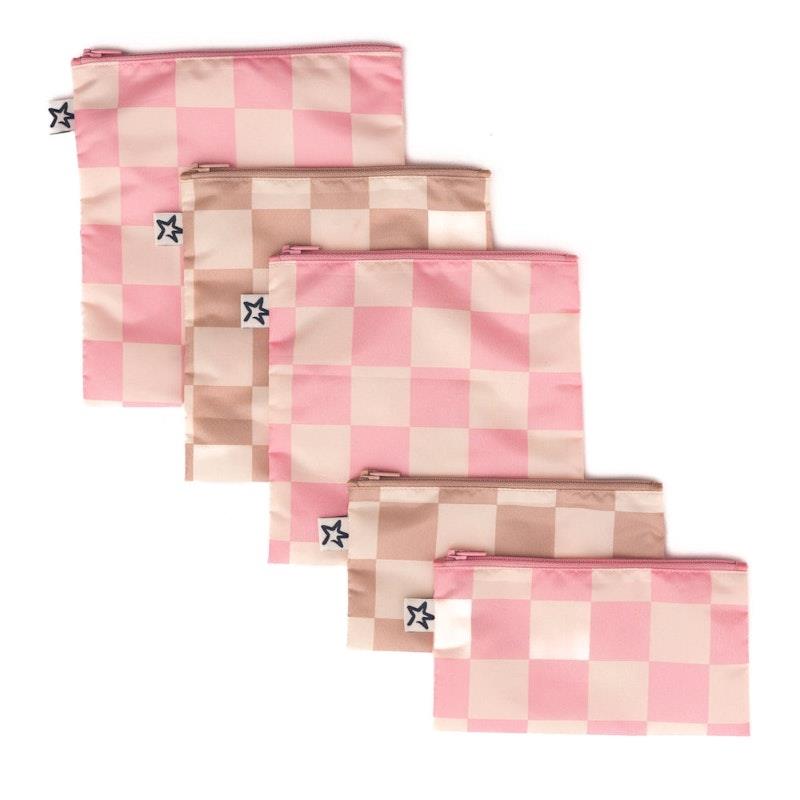 Load image into Gallery viewer, Tiny Twinkle Mess Proof Snack Bag 5 Pack Pink &amp; Beige Checkers
