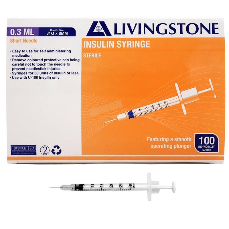 Load image into Gallery viewer, Livingstone Insulin Syringes 0.3mL White Plunger with Needle 31 Gauge Sterile 100 Pieces/Box
