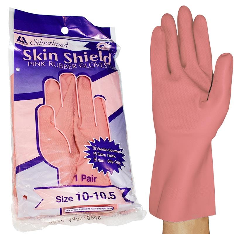 Load image into Gallery viewer, Skin Shield Silver Lined Natural Rubber Gloves Vanilla Scented Pair Pink Size 10-10.5
