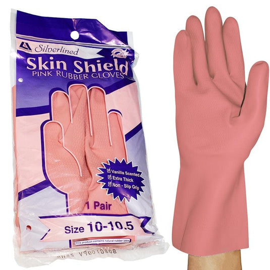Skin Shield Silver Lined Natural Rubber Gloves Vanilla Scented Pair Pink Size 10-10.5