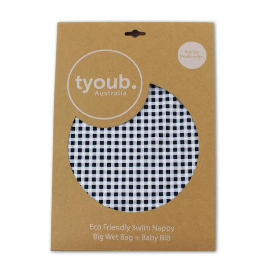 tyoub On The Go - Gift Set, Reusable Swim Nappy, Wet Bag and Baby Bib - Black Check One Size