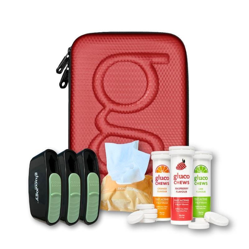 Load image into Gallery viewer, Glucology Red Plus Case + 3 Tubes of Fast Acting Glucochews + 3 Sharps Bins + 1 x 20 Pack Alcohol Free Wipes Bundle
