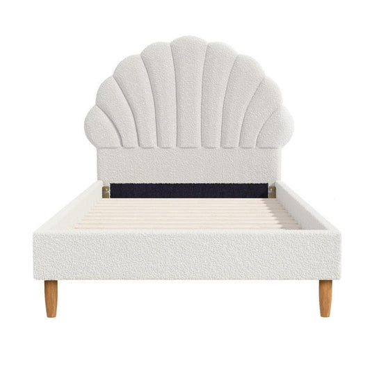 Oikiture Bed Frame Single Size Scallop-Shape Bedhead Boucle White
