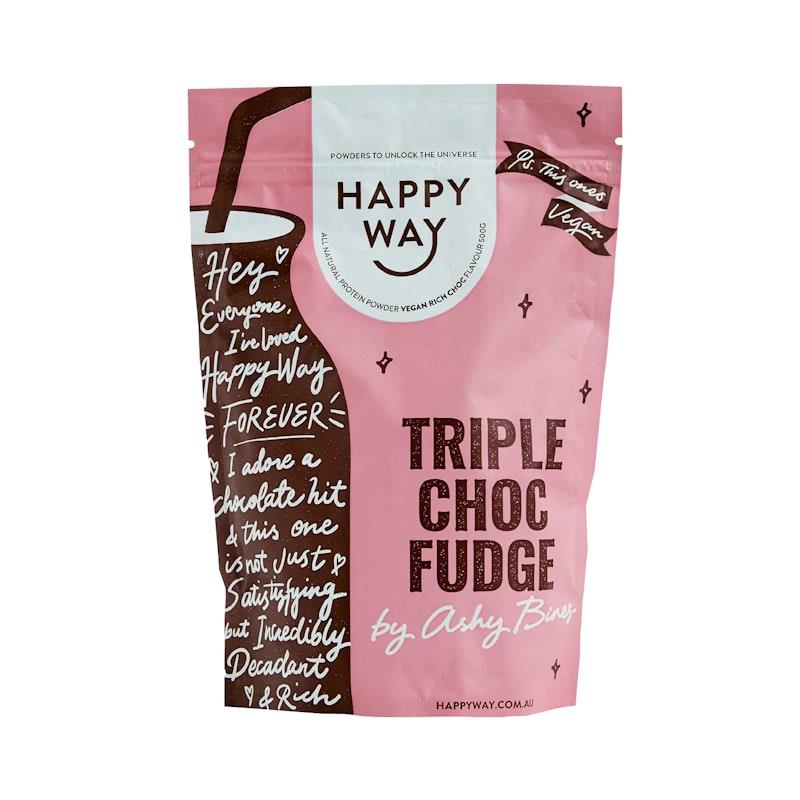 Load image into Gallery viewer, Happy Way Ashy Bines Triple Choc Fudge Vegan Protein Powder 500g
