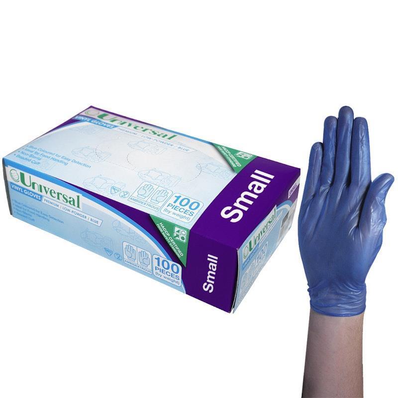 Load image into Gallery viewer, Universal Vinyl Gloves Low Powder Blue Small 100 Pieces/Box

