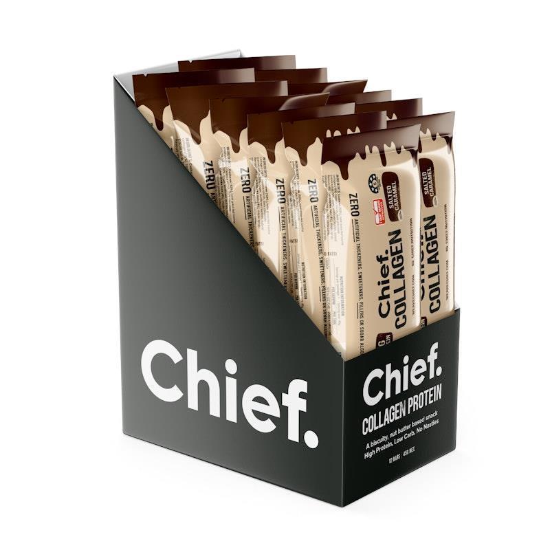 Load image into Gallery viewer, Chief Collagen Protein Bar - Choc Salted Caramel 12 Pack

