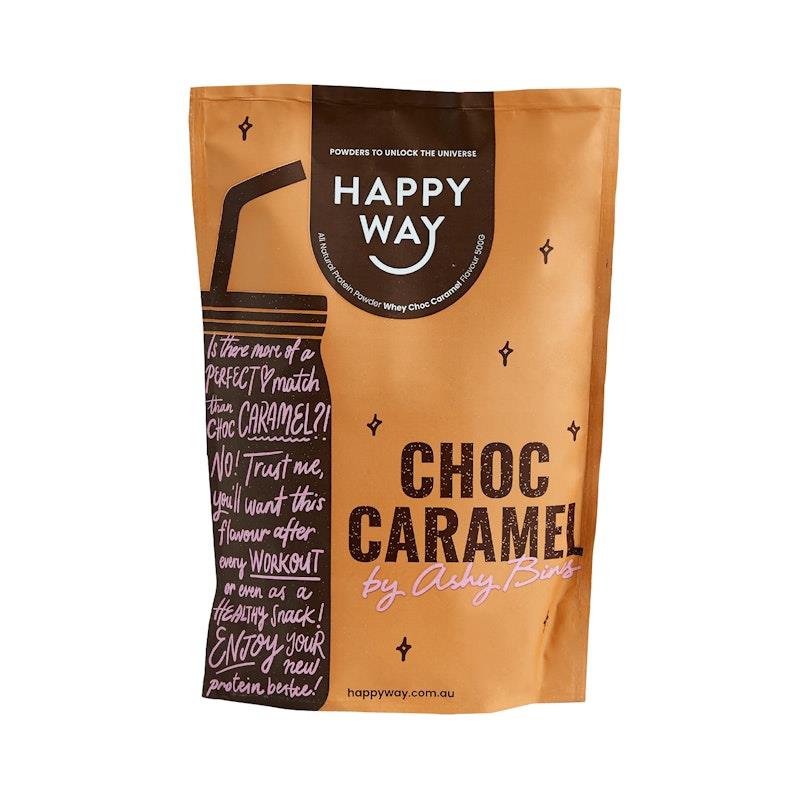Load image into Gallery viewer, Happy Way Ashy Bines Choc Caramel Whey Protein Powder 500g
