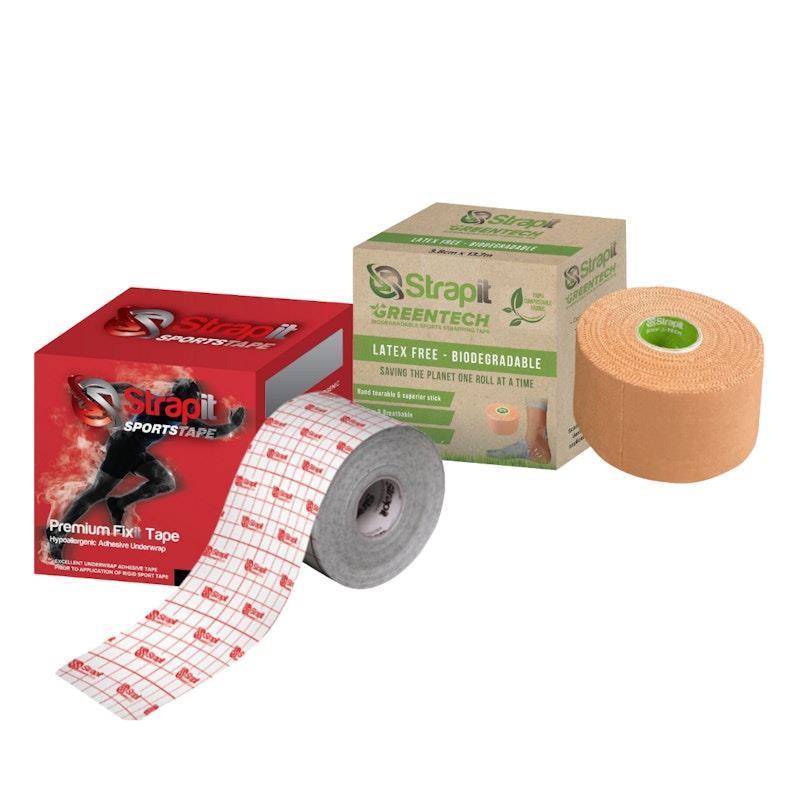Load image into Gallery viewer, Strapit Greentech Biodegradable &amp; Compostable Sports Strapping Tape + Fixit Hypoallergenic Adhesive Underwrap 2 Pack
