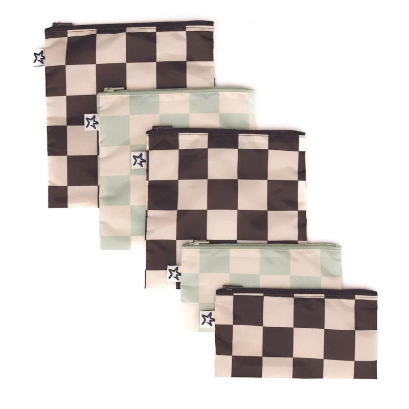 Load image into Gallery viewer, Tiny Twinkle Mess Proof Snack Bag 5 Pack Black &amp; Sage Checkers
