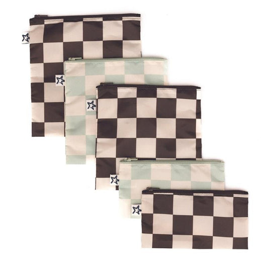 Tiny Twinkle Mess Proof Snack Bag 5 Pack Black & Sage Checkers