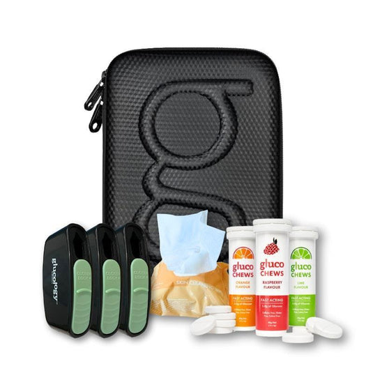 Glucology Black Plus Case + 3 Tubes of Fast Acting Glucochews + 3 Sharps Bins + 1 x 20 Pack Alcohol Free Wipes Bundle