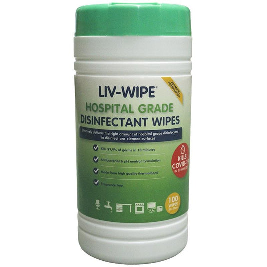 Liv-Wipe Hospital Grade Sanitiser Disinfectant 100 Wipes 1tub