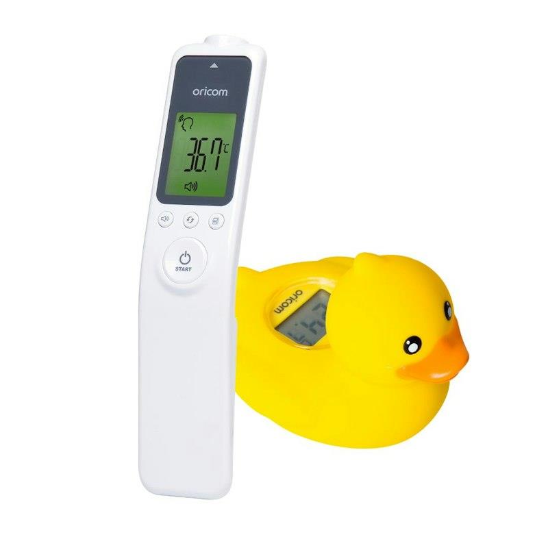 Load image into Gallery viewer, Oricom Baby HFS1000 Non-Contact Infrared Thermometer and 02SD Duck Digital Bath and Room Thermometer Bundle (HFS1000SD) Pack
