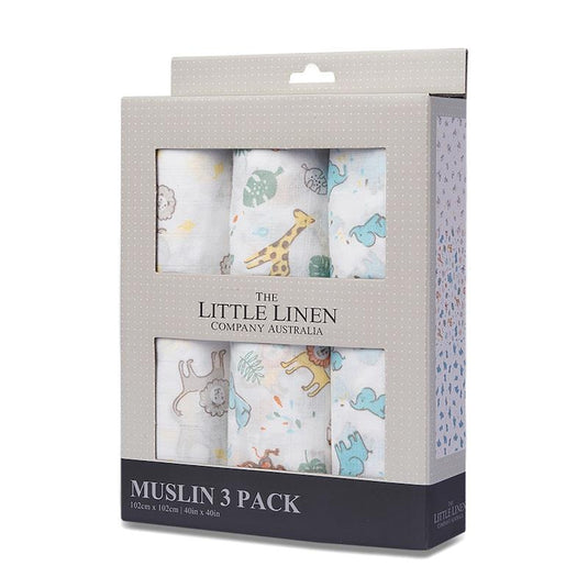 The Little Linen Company Muslin Swaddle 3Pk Prints - Safari Bear