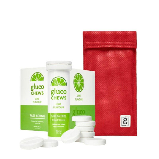 Glucology 2 Pen Cooling Pouch + 6 tubes Fast Acting Glucochews 2 Pen Cooling Pouch (Red) + 6 tubes Fast Acting Glucochews - Lime (6x10)