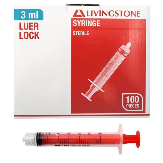 Livingstone Syringe Luer Lock Tip Red Plunger Sterile 3ml 100 Pieces/Box