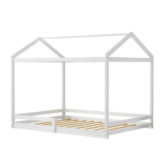 Oikiture Kids Wooden Bed Frame Timber House Beds Base with Fence Double White