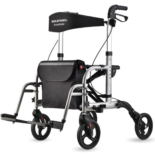 Equipmed 2-in-1 Foldable Aluminium Walking Frame Rollator Silver