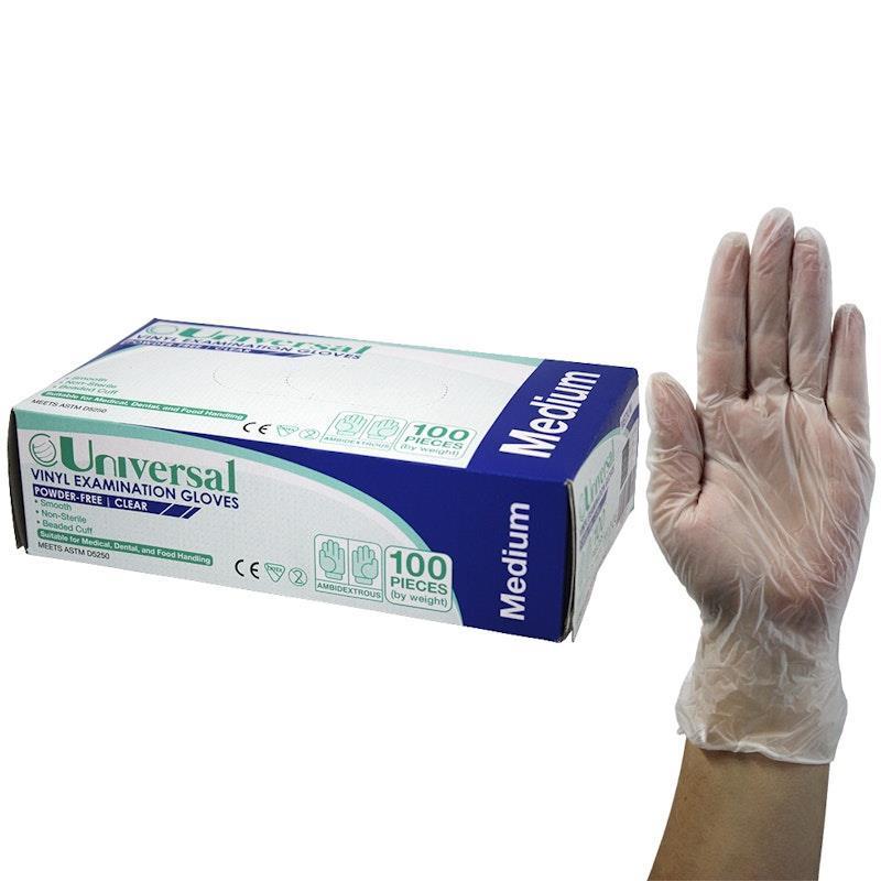 Load image into Gallery viewer, Universal Vinyl Examination Gloves ASTM Powder Free Medium 100 Pieces/Box
