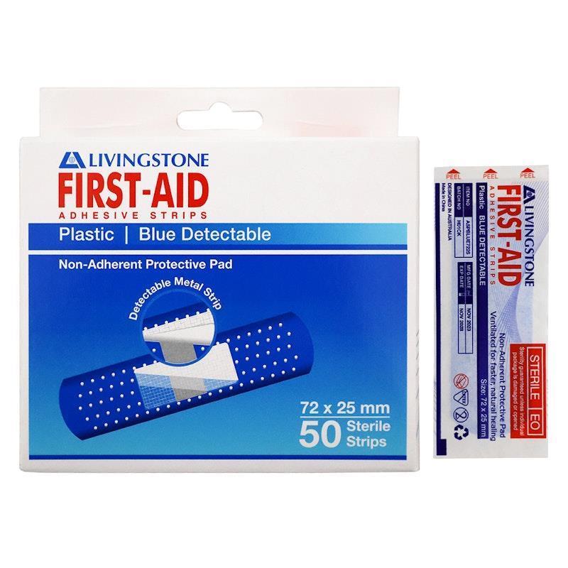 Load image into Gallery viewer, Livingstone Metal Detectable Blue Adhesive Strips with Pad Waterproof 72 x 25mm 50 Pieces/Box
